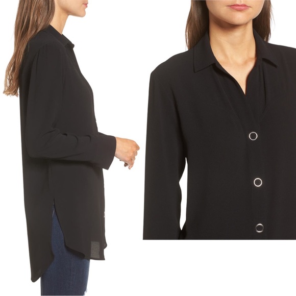 Nordstrom Leith Black Snap Front Long Sleeve Tunic Top Size Small NWT - Picture 2 of 12